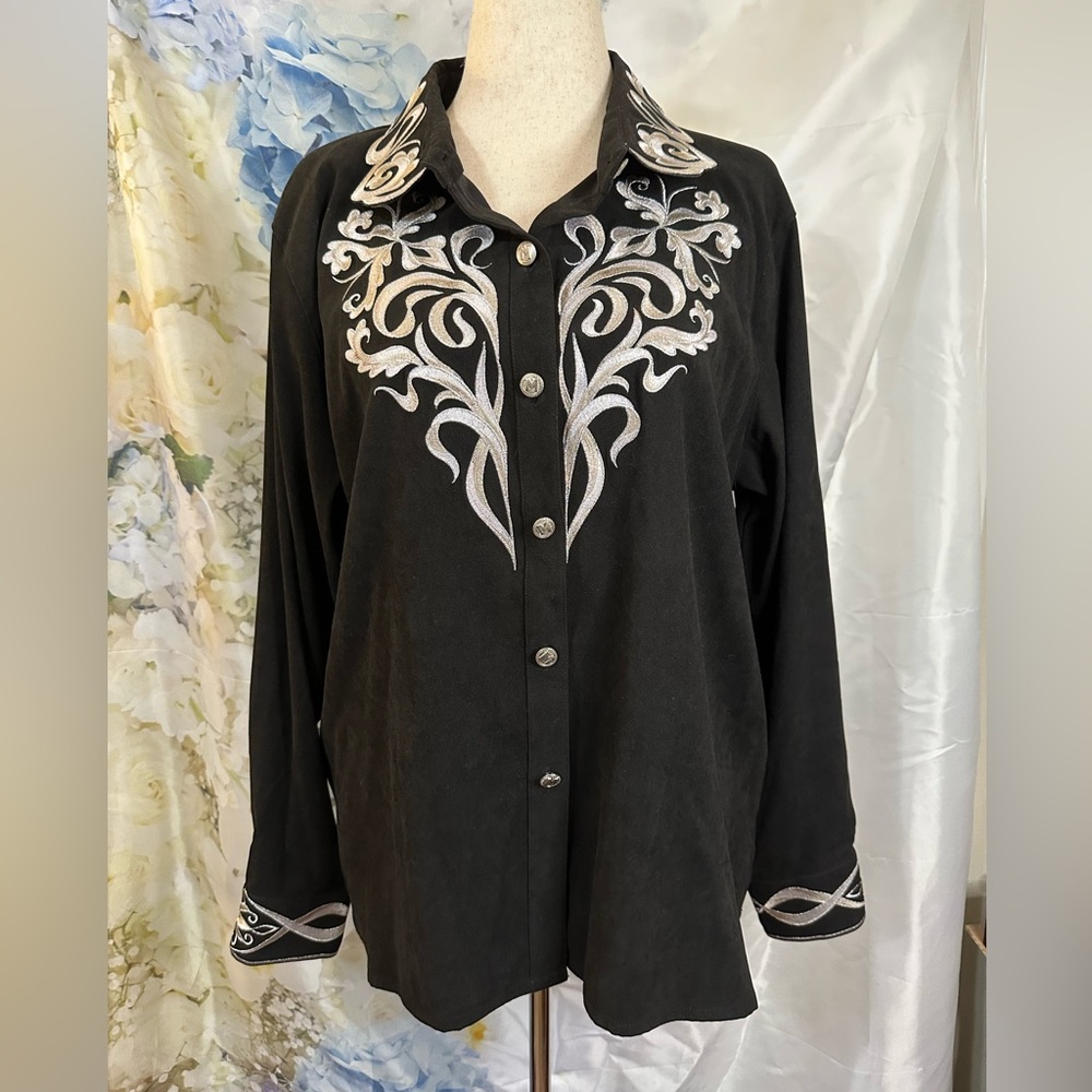 Black embroidered button down shirt with White Embroidery western wearable art